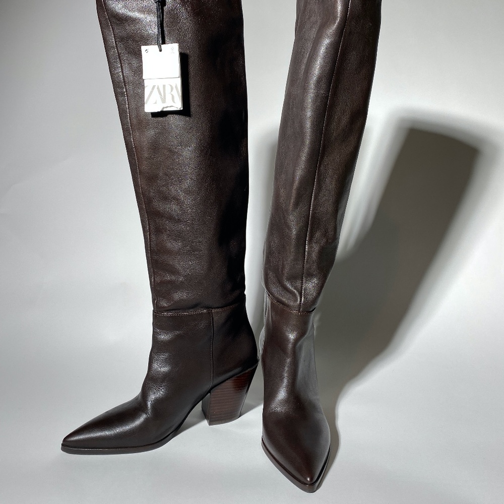 Zara NEW HIGH SHAFT HEELED LEATHER BOOTS BROWN